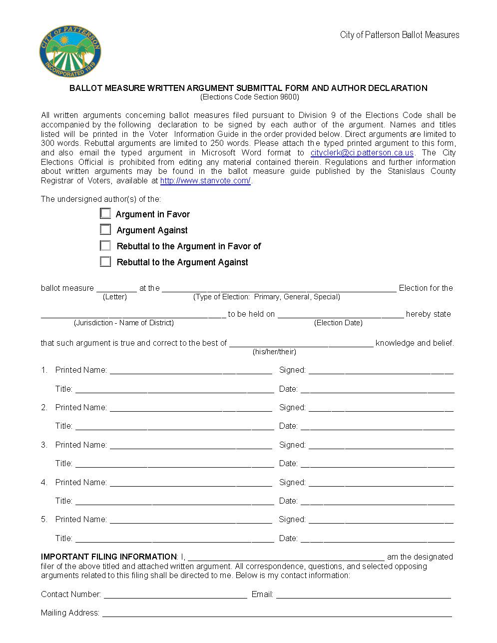 Ballot Measure Written Argument Submittal Form And Author Declaration (CW093843xDCB25)