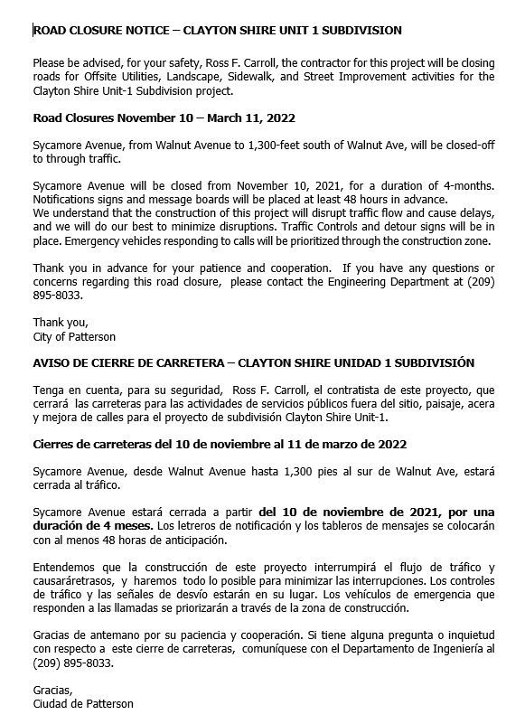 Road Closure Clyaton Shire 11.10.2021